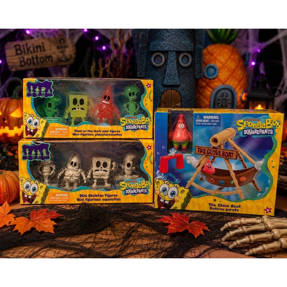 SpongeBob SquarePants Halloween Lot Glow Dark Skeleton Figures Glove Boat NEW